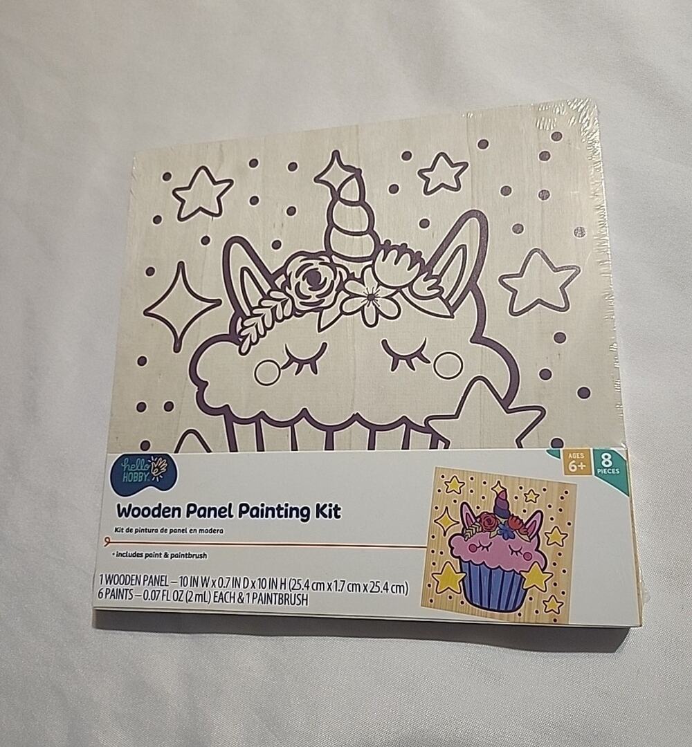 Kids Wooden Panel Painting Kit Unicorn Cupcake 8 pcs Ages 6+ 10"x.7"x10"